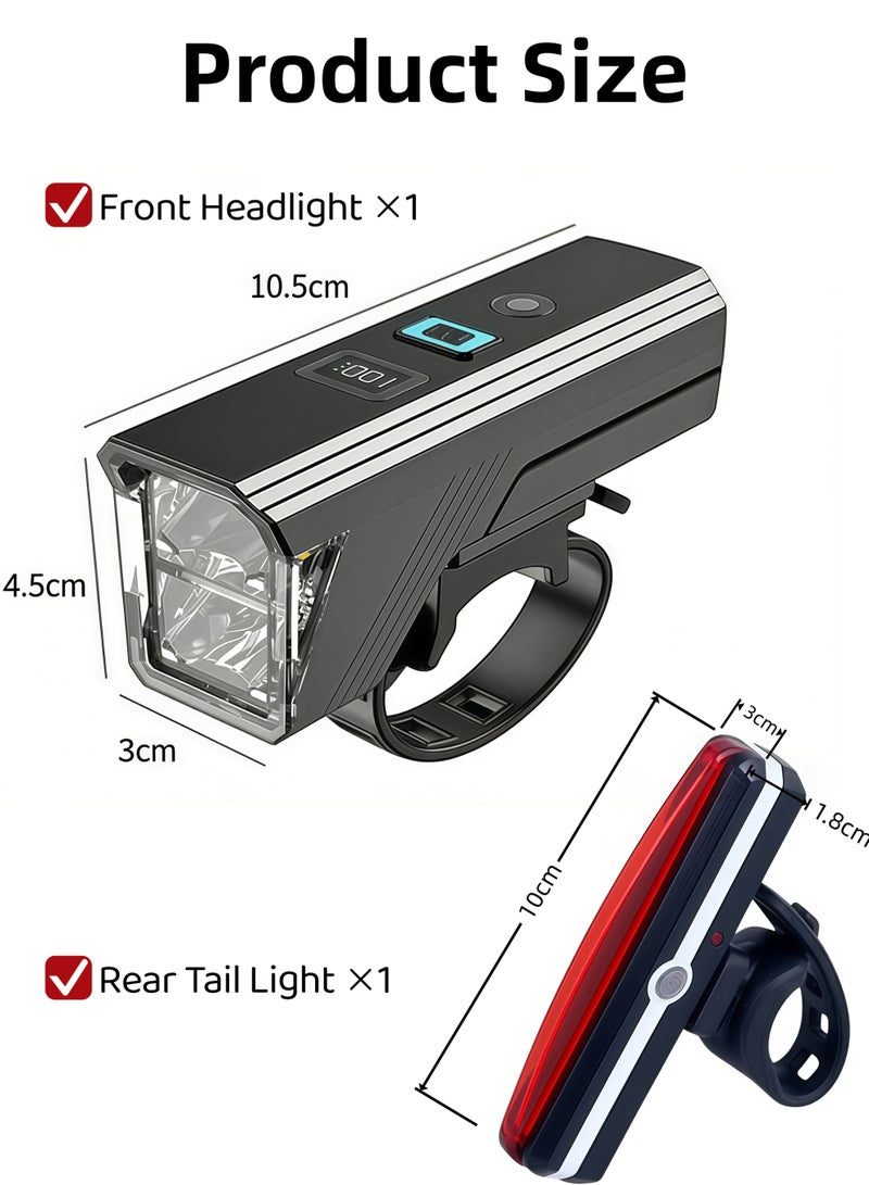 شو وو طقم إضاءة للدراجة، مصباح أمامي + مصباح خلفي للدراجات الجبلية والطرق، وضع ليلي تلقائي، شاشة عرض رقمية للبطارية، مقاوم للماء بمعيار IPX5، شحن سريع من النوع C، مصباح أمامي ومصباح خلفي، 5 أوضاع إضاءة LED فائقة السطوع، لسلامة ركوب الدراجات على الطرق/الجبال/ليلاً، لجميع أنواع الدراجات (طقم إضاءة أمامي وخلفي للدراجة) - Image 2